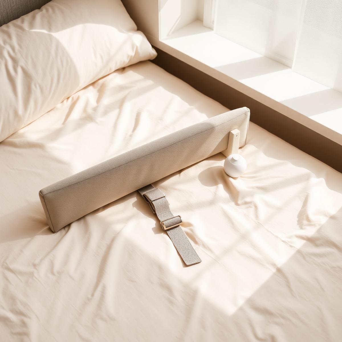 The Emberly Bed Independence Kit on a cream bed: a padded beige rail, an under-bed strap, and a small round nightlight.