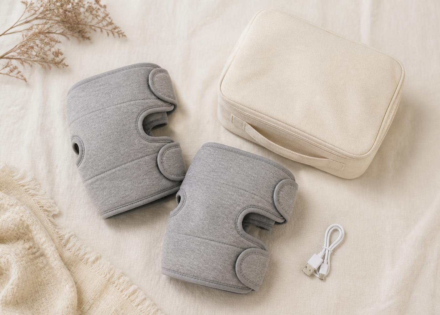 Two Emberly wraps beside a canvas travel case and a USB-C charging cable on cream linen.