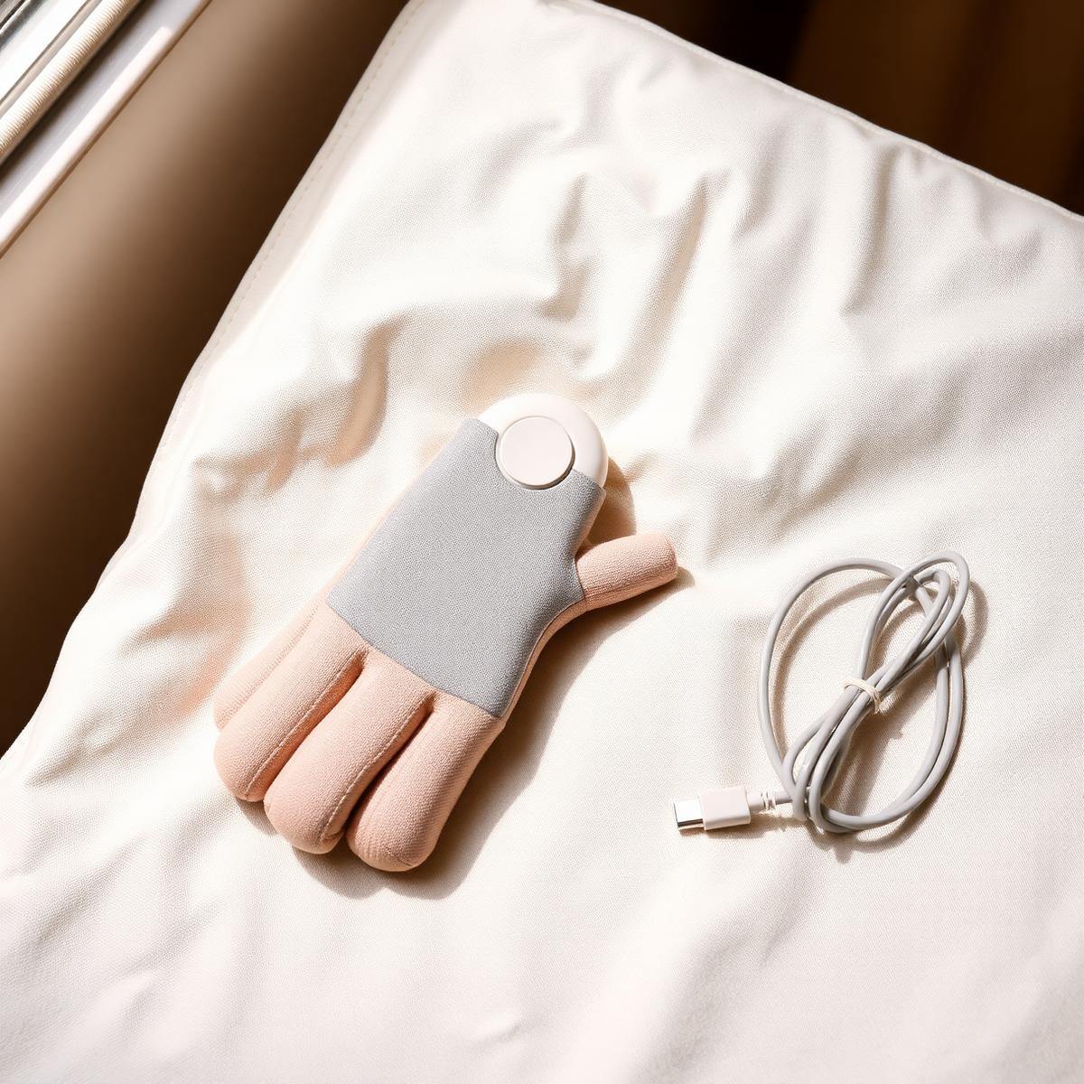 The Emberly Hand Comfort Massager on cream linen: a soft grey and beige hand sleeve with one round button and a USB-C cable.