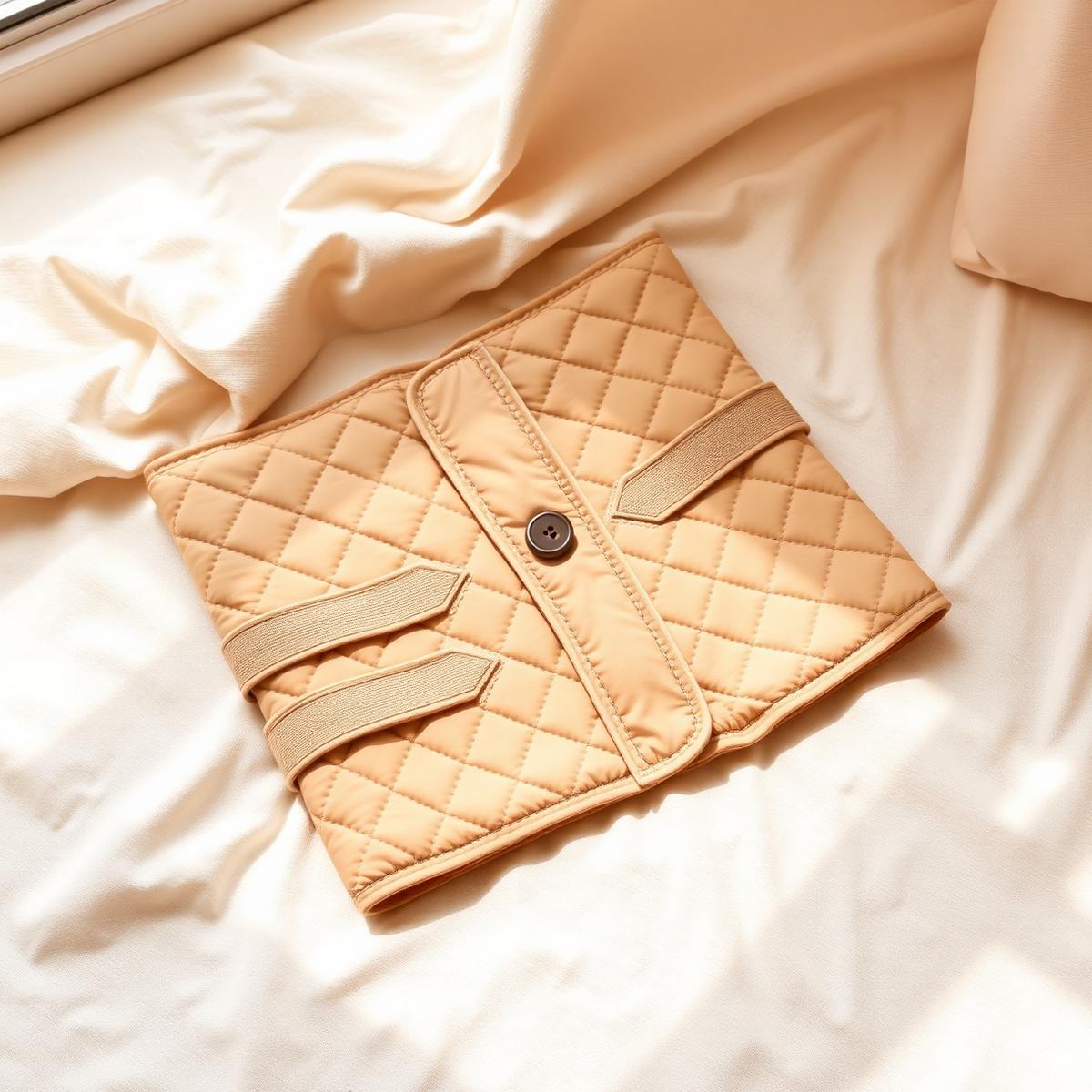 The Emberly Leg Comfort Massager on cream linen: a quilted beige calf wrap with two wide straps and one round button, laid open.
