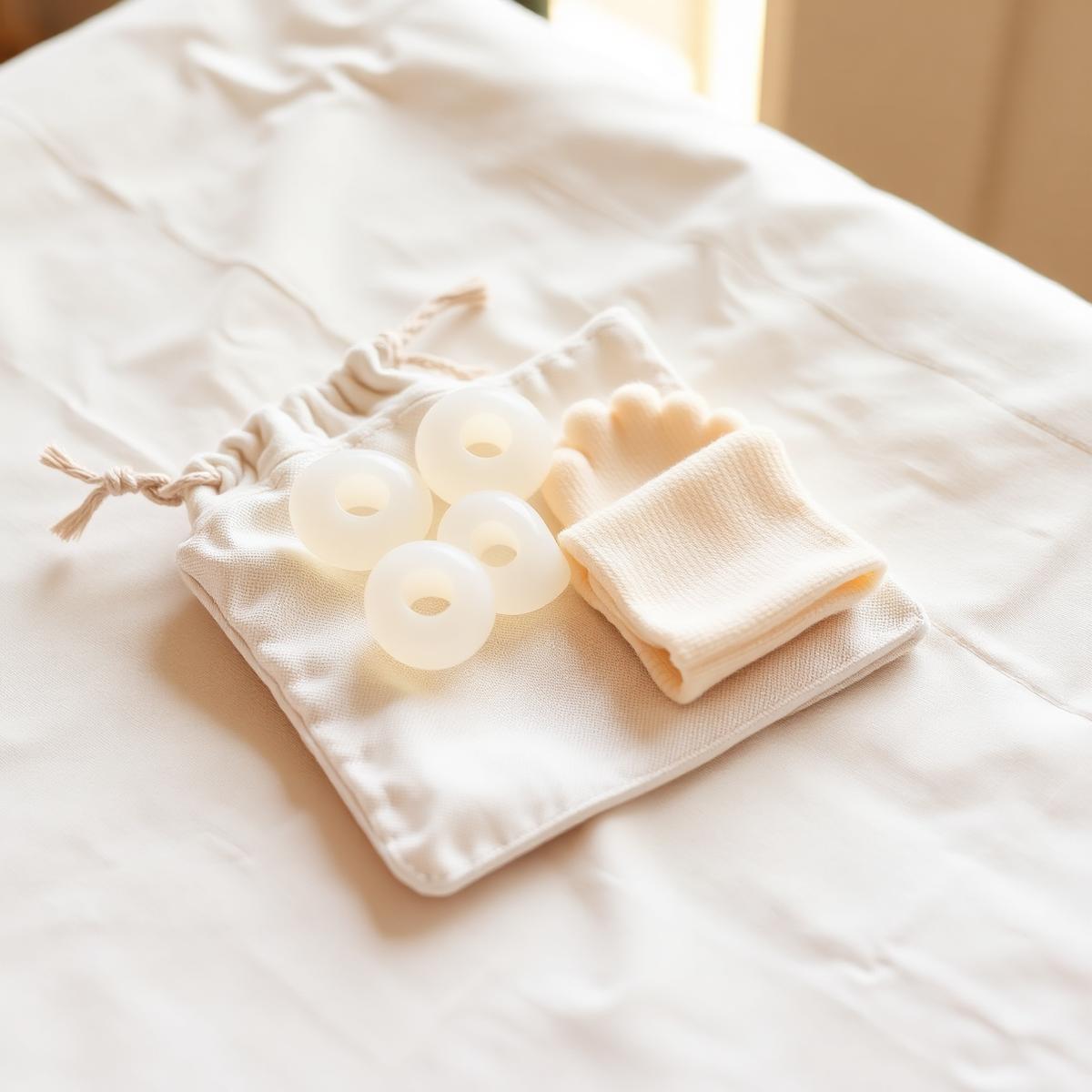 The Emberly Toe Comfort Kit: soft clear gel toe spacers and two cream knit toe sleeves resting on a small linen drawstring pouch.