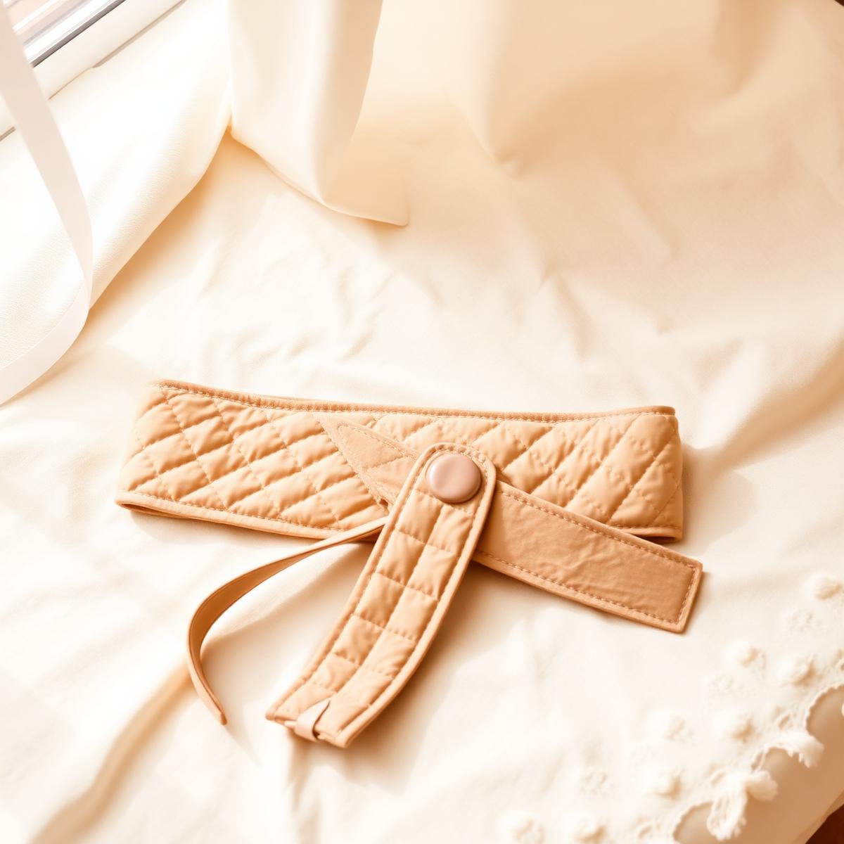 The Emberly Warm Back Wrap on cream linen: a quilted beige lower-back belt with a wide waist strap and one round button.