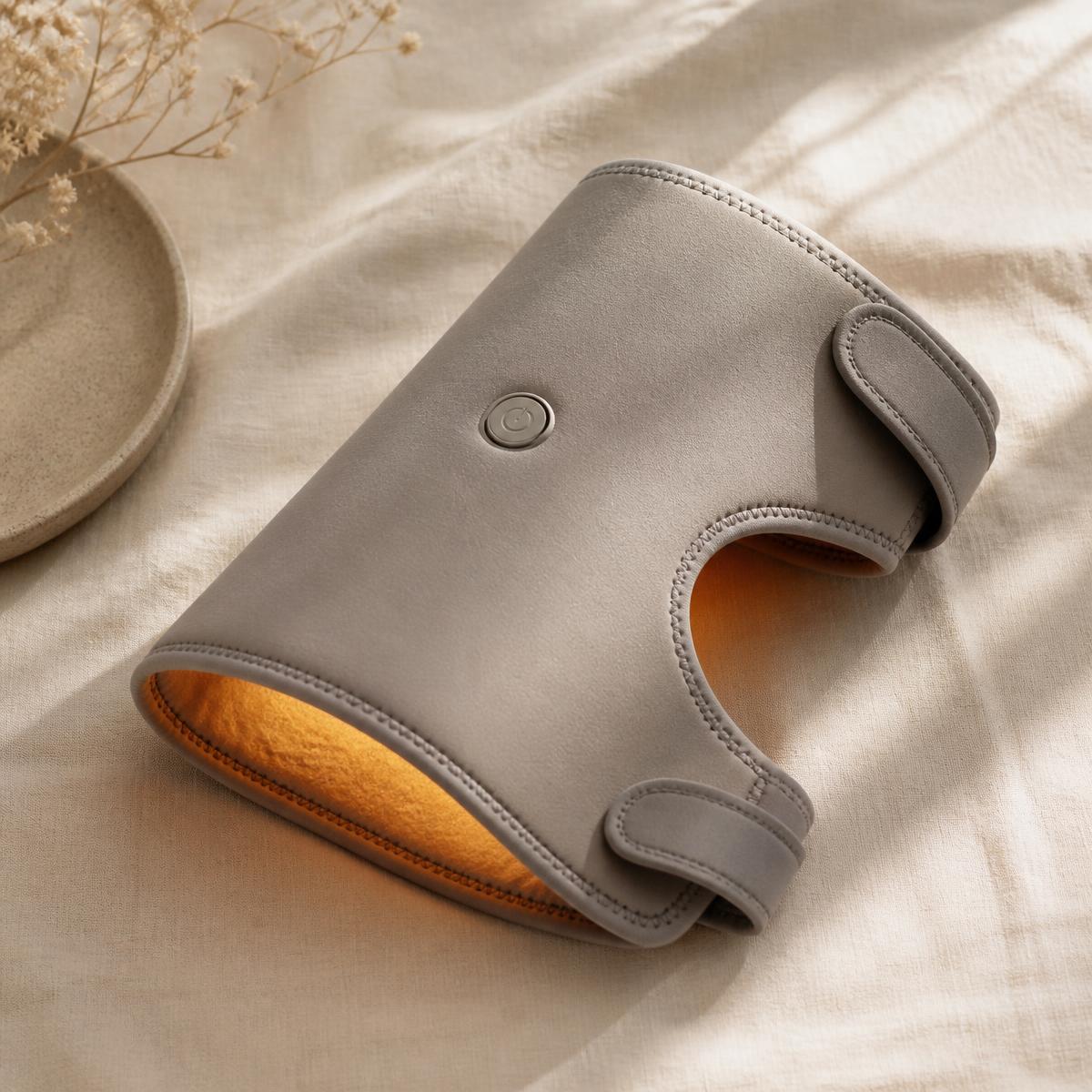 The Emberly Knee Comfort Wrap on cream linen with its single round button and warm amber lining visible.